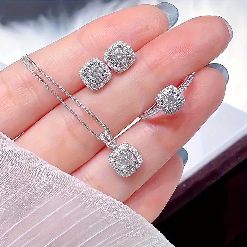 Conjunto de Joyería Brillante | Collar, Pendientes y Anillo con Circonitas