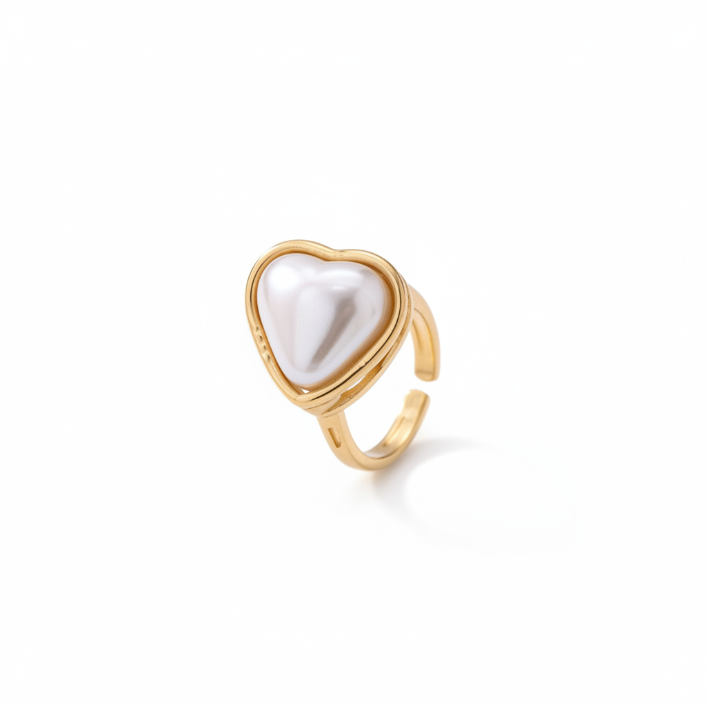 Anillo Corazón Perla Dorado | Anillo Abierto Romántico con Perla