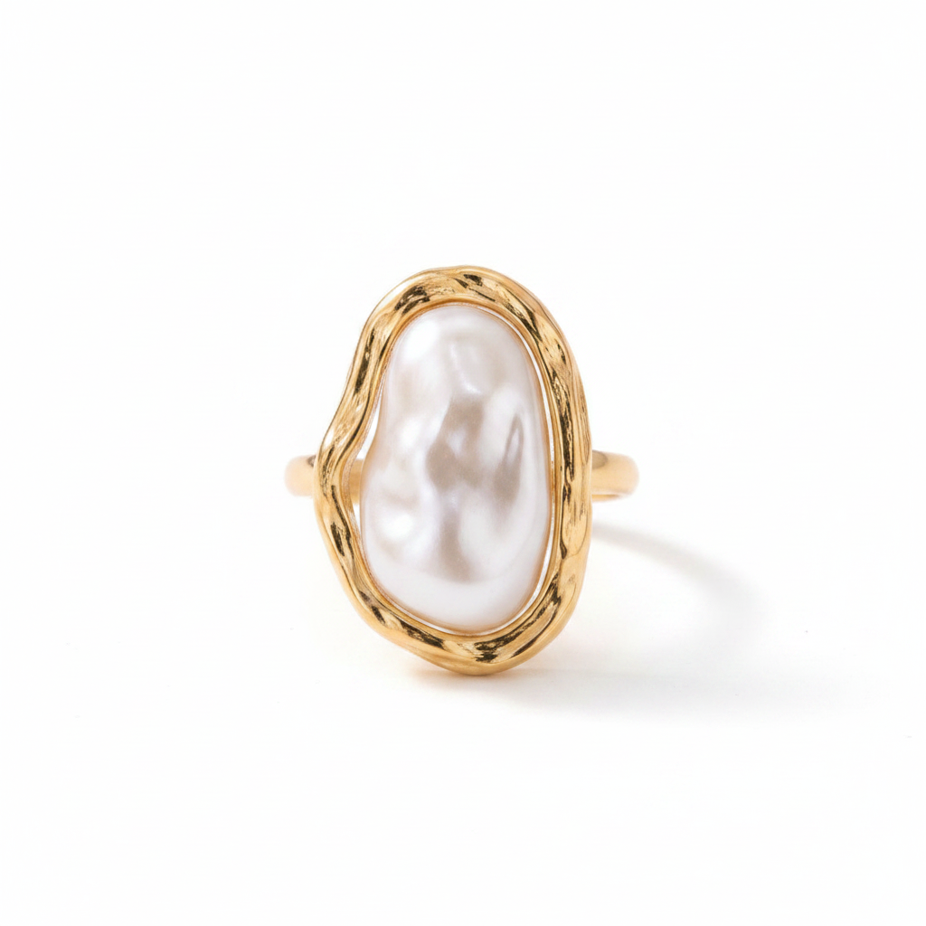 Anillo Perla Orgánica Dorado | Anillo Abierto Perla Barroca