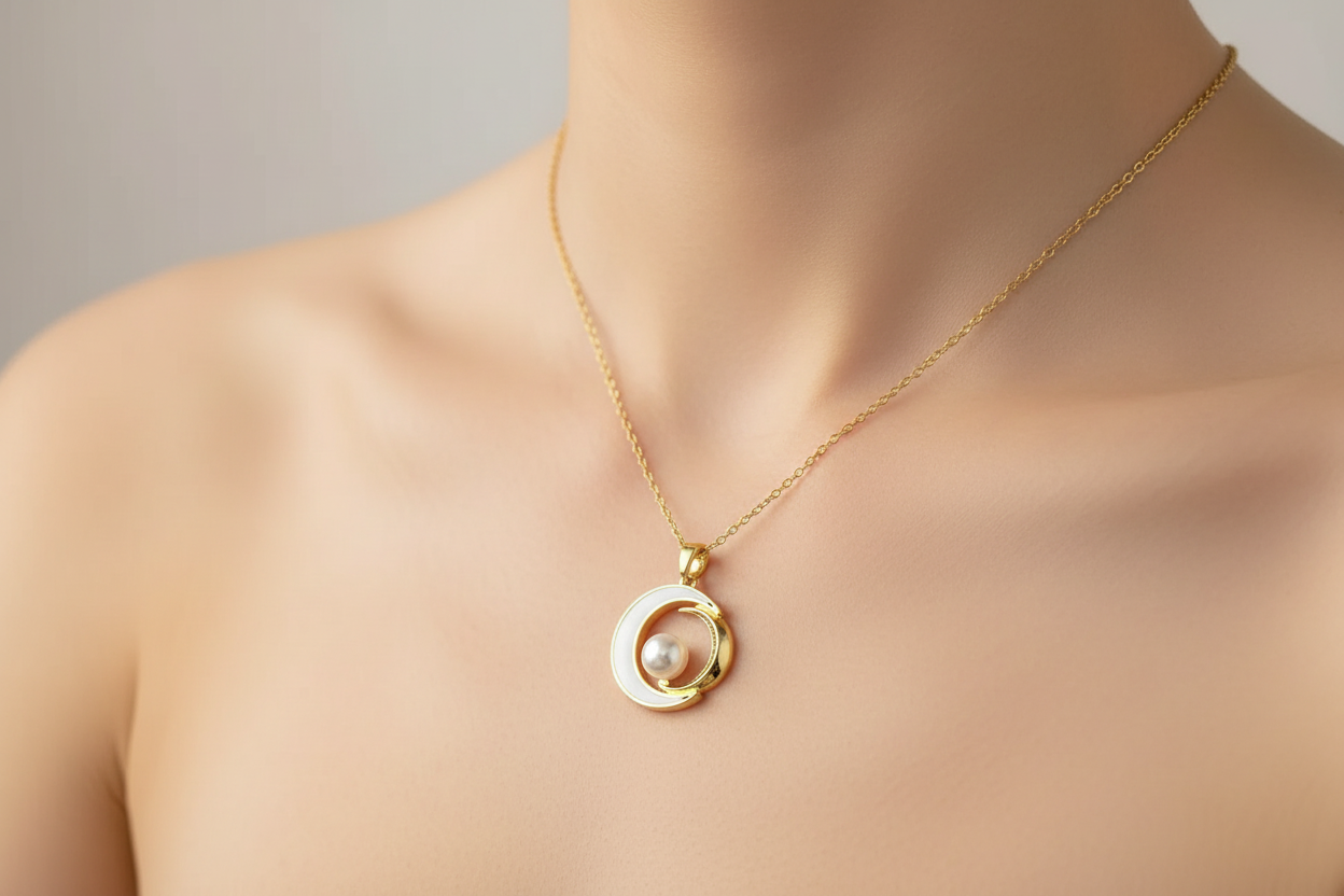 Collar Luna y Perla Dorado | Acero de Titanio Hipoalergénico