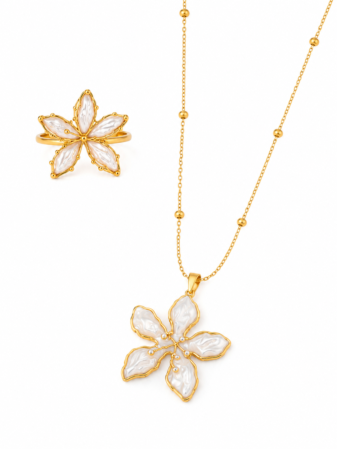Conjunto Flor Blanca Nácar | Collar y Anillo Colección Tesoros de Verano