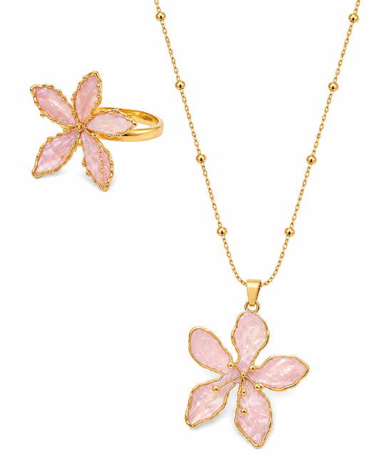 Conjunto Flor Rosa Nácar | Collar y Anillo Colección Tesoros de Verano
