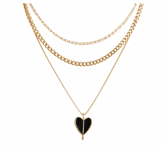 Collar Multicapa Dorado Corazón Negro | Pack 3 Collares Elegance
