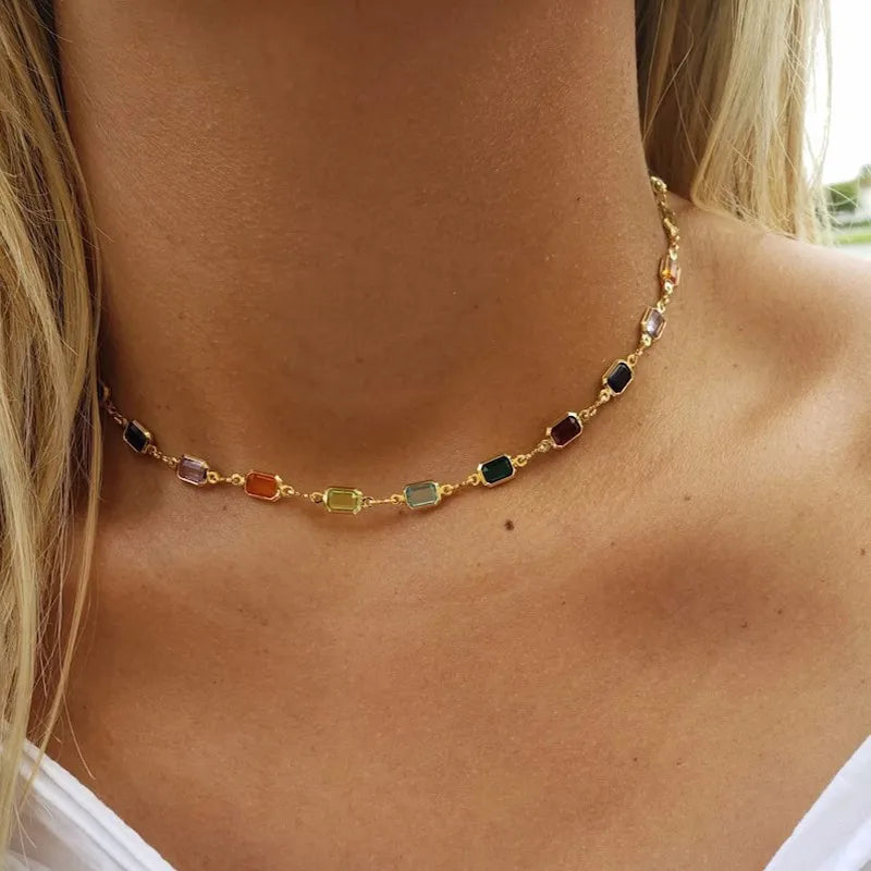 Collar Multicolor Elegance Dorado | Choker Piedras de Colores