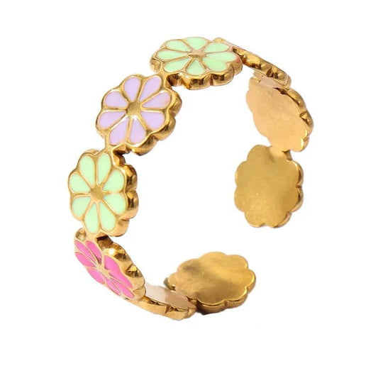 Anillo Floral Multicolor Ajustable | Acero Inoxidable 304