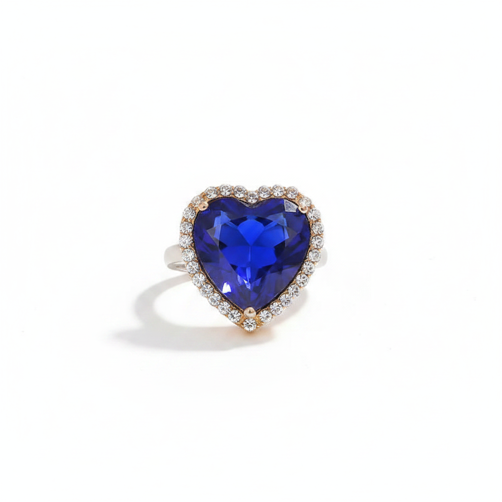 Anillo Corazón Azul Zafiro con Cristales | Anillo Statement Glamour