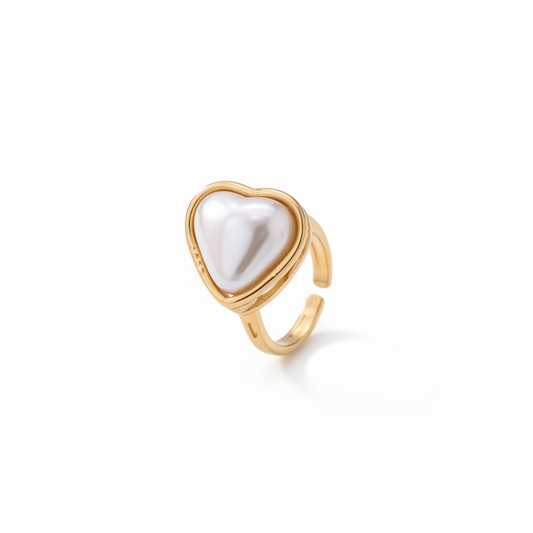 Anillo Corazón Perla Dorado | Anillo Abierto Romántico con Perla