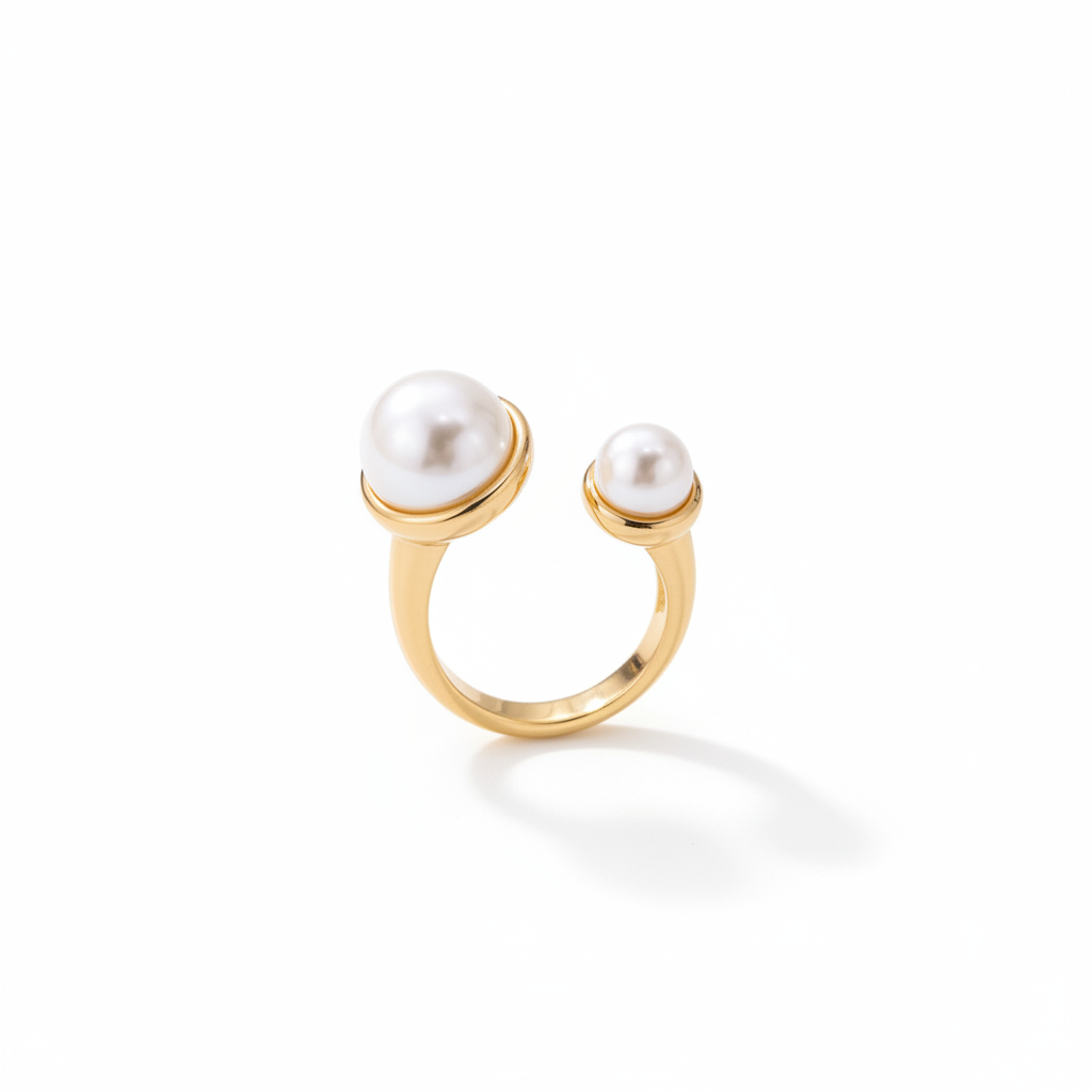 Anillo Doble Perla Dorado | Anillo Abierto Ajustable con Perlas