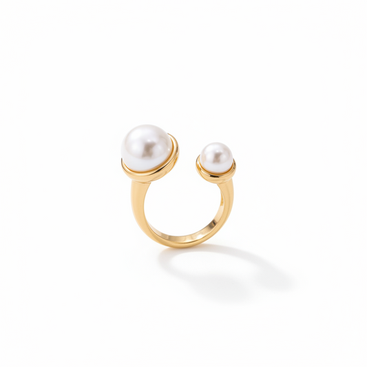 Anillo Doble Perla Dorado | Anillo Abierto Ajustable con Perlas