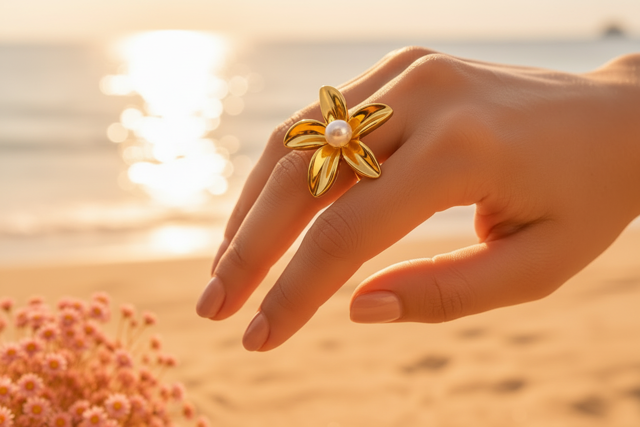 Anillo Flor Dorada con Perla | Colección Tesoros de Verano
