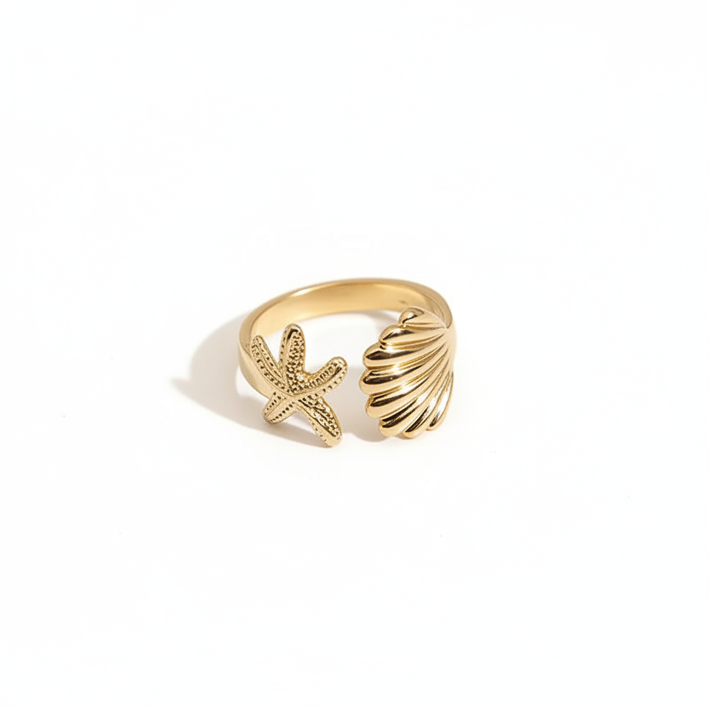 Anillo Marina Dorada Ajustable | Estrella de Mar y Concha