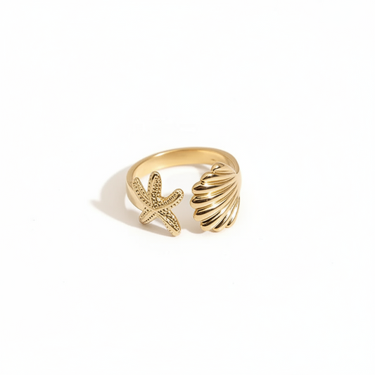 Anillo Marina Dorada Ajustable | Estrella de Mar y Concha