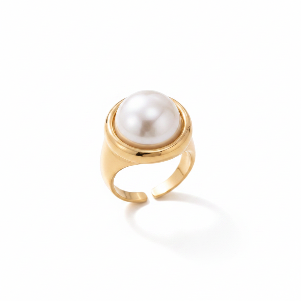 Anillo Perla Clásica Dorado | Anillo Abierto con Perla Redonda
