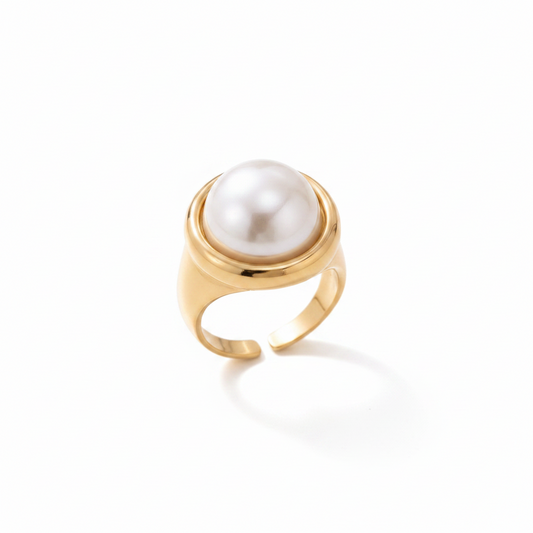 Anillo Perla Clásica Dorado | Anillo Abierto con Perla Redonda