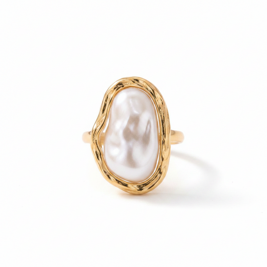 Anillo Perla Orgánica Dorado | Anillo Abierto Perla Barroca