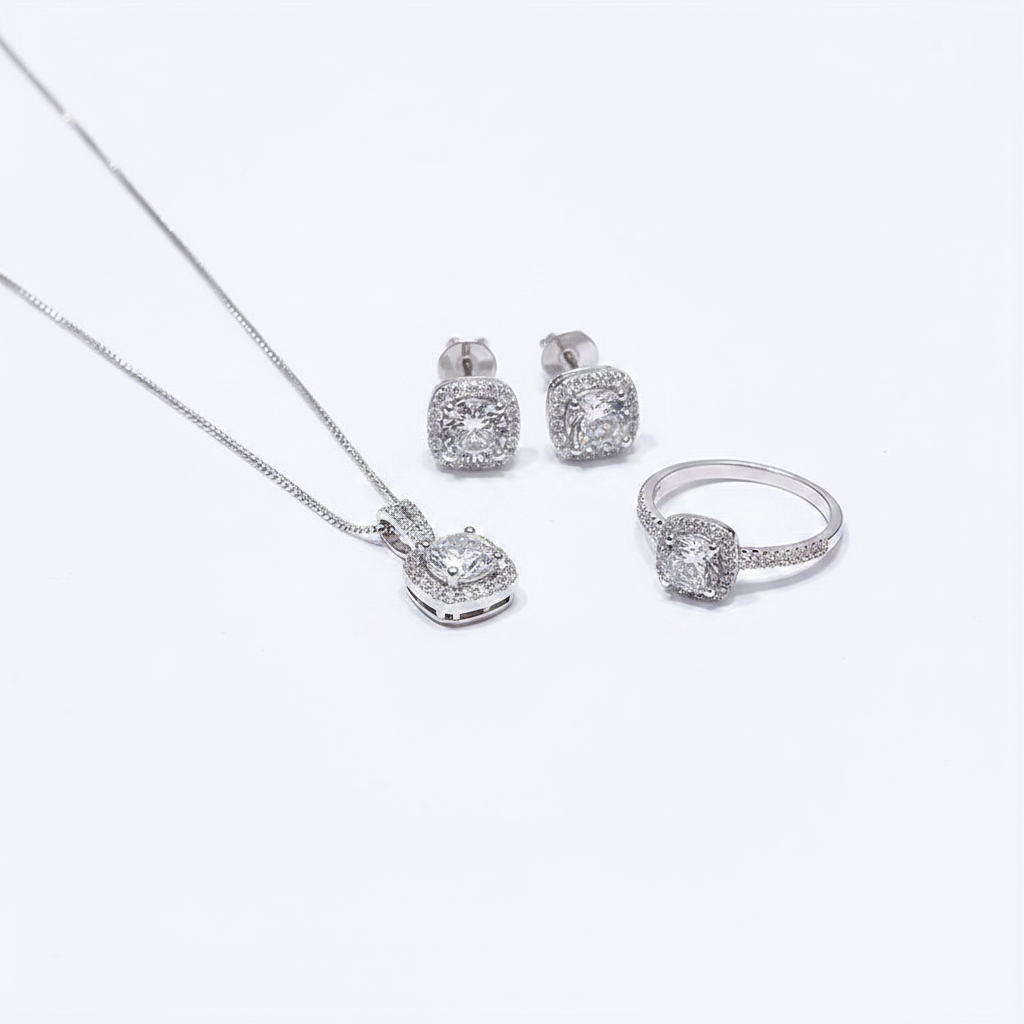 Conjunto de Joyería Brillante | Collar, Pendientes y Anillo con Circonitas