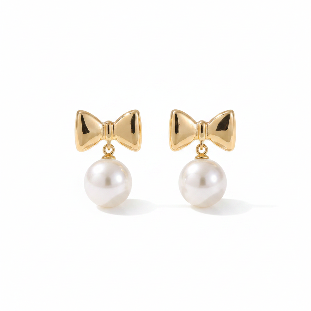 Pendientes Lazo Dorado con Perla Colgante | Joya Femenina