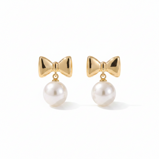 Pendientes Lazo Dorado con Perla Colgante | Joya Femenina