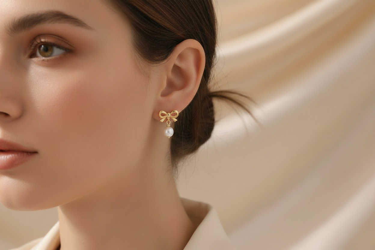 Pendientes Lazo Dorado con Perla Colgante | Joya Femenina