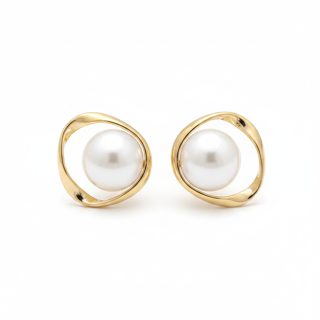 Pendientes Pearl Glow Dorados | Marco Ondulado y Perla