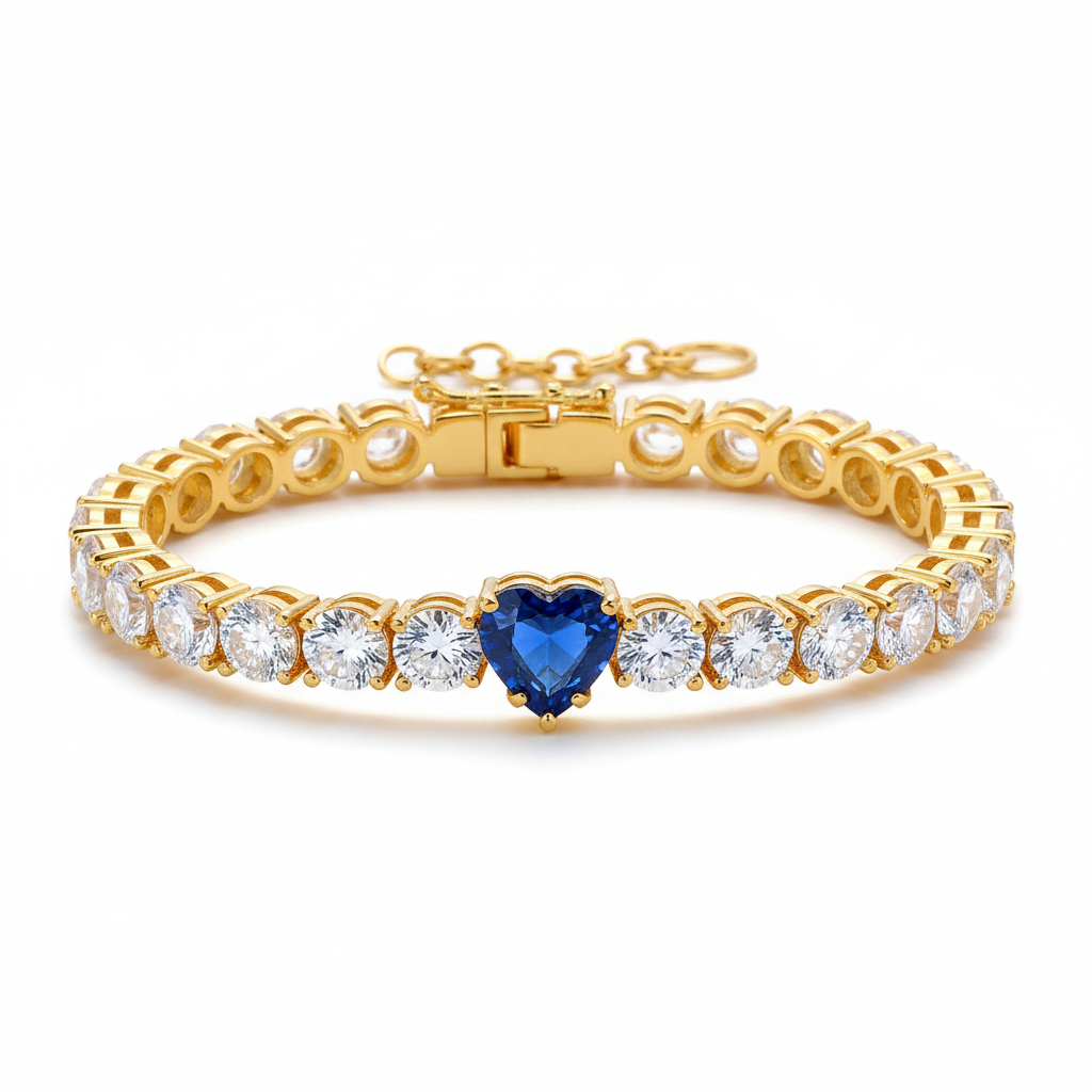 Pulsera Corazón Zafiro | Acero Inoxidable 304 Chapado en Oro 18K