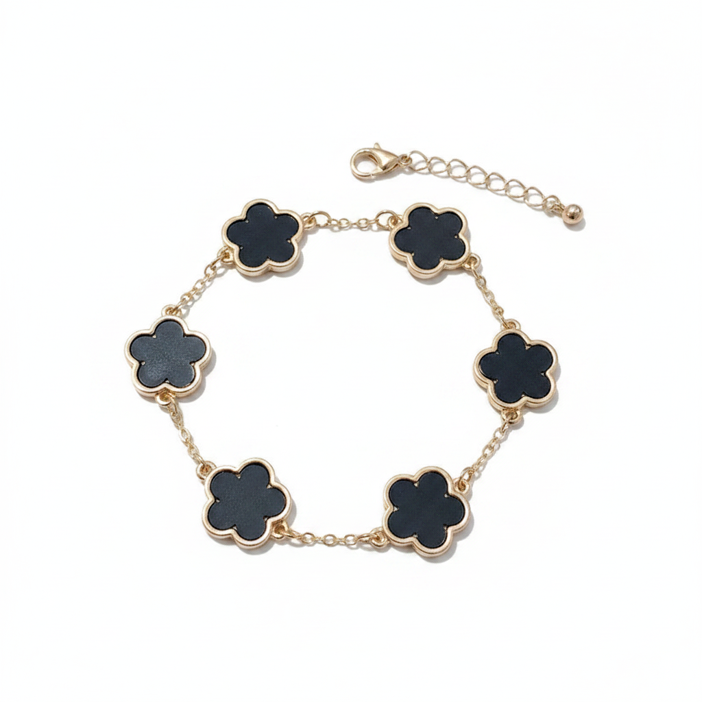 Pulsera Flores Negras Elegance | Pulsera Dorada Trébol Negro
