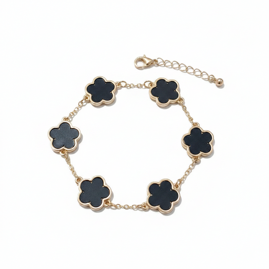 Pulsera Flores Negras Elegance | Pulsera Dorada Trébol Negro